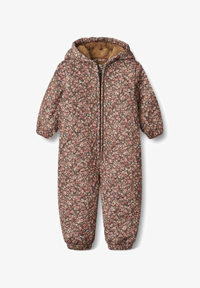Kombinezon z kwiatowym wzorem na brązowym tle, ocieplany, z zamkiem z przodu, kapturem i elastycznymi mankietami zapewniającymi dopasowanie.