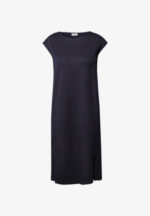 Dunkelblaues Kleid mit kurzen Ärmeln, rundem Ausschnitt und geradem Schnitt. Glatte Textur und seitliche Schlitze am Saum.