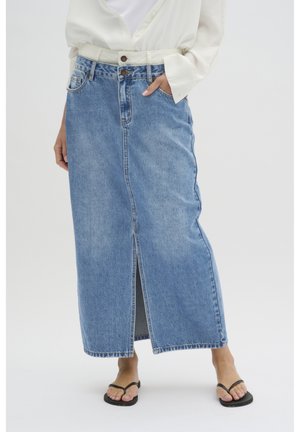 Denim-Maxikleid in Hellblau mit einem mittigen Schlitz, hoher Taille und klassischen Taschen. Verfügt über sichtbare Nähte und einen Knopfverschluss.