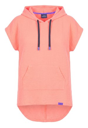 Korallenrosa kurzärmeliges Kapuzenoberteil mit Kängurutasche, dunkelgrauen Kordeln mit lila Spitzen und geschwungenem Saum, hinten länger.