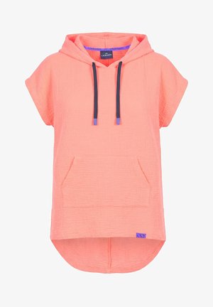 Korallenrosa kurzärmeliges Kapuzenoberteil mit Kängurutasche, dunkelgrauen Kordeln mit lila Spitzen und geschwungenem Saum, hinten länger.