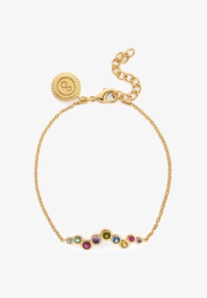 Bracelet chaîne en or orné d'une série de pierres précieuses rondes colorées de tailles variées, avec un fermoir à mousqueton et un pendentif embossé du logo.