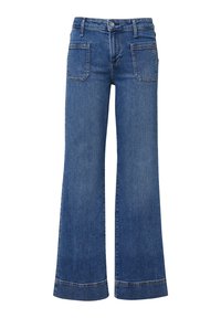 Denim Schlagjeans in Mittelblau. Mit fünf Taschen, sichtbaren Nähten und einem weiten Saum. Aus dehnbarem Stoff für zusätzlichen Komfort.
