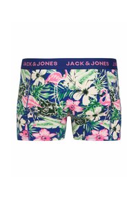 Herren Boxershorts mit einem blauen Blumenmuster, das pinke Flamingos und Blumen enthält, elastischer Bund mit "JACK & JONES"-Logo.