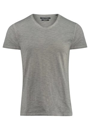 T-shirt à manches courtes pour homme de couleur gris clair, en tissu doux et texturé, avec une étiquette "Marc O'Polo" à l'intérieur du col en V.