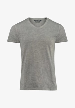 Hellgraues Herren-T-Shirt mit kurzen Ärmeln und V-Ausschnitt aus weich strukturiertem Stoff, innen am Kragen mit "Marc O'Polo" beschriftet.