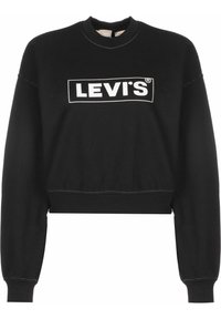 Sudadera corta negra con mangas largas, que presenta un logotipo rectangular blanco impreso en la parte frontal y detalles de costura visibles.