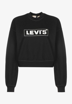 Sudadera corta negra con mangas largas, que presenta un logotipo rectangular blanco impreso en la parte frontal y detalles de costura visibles.