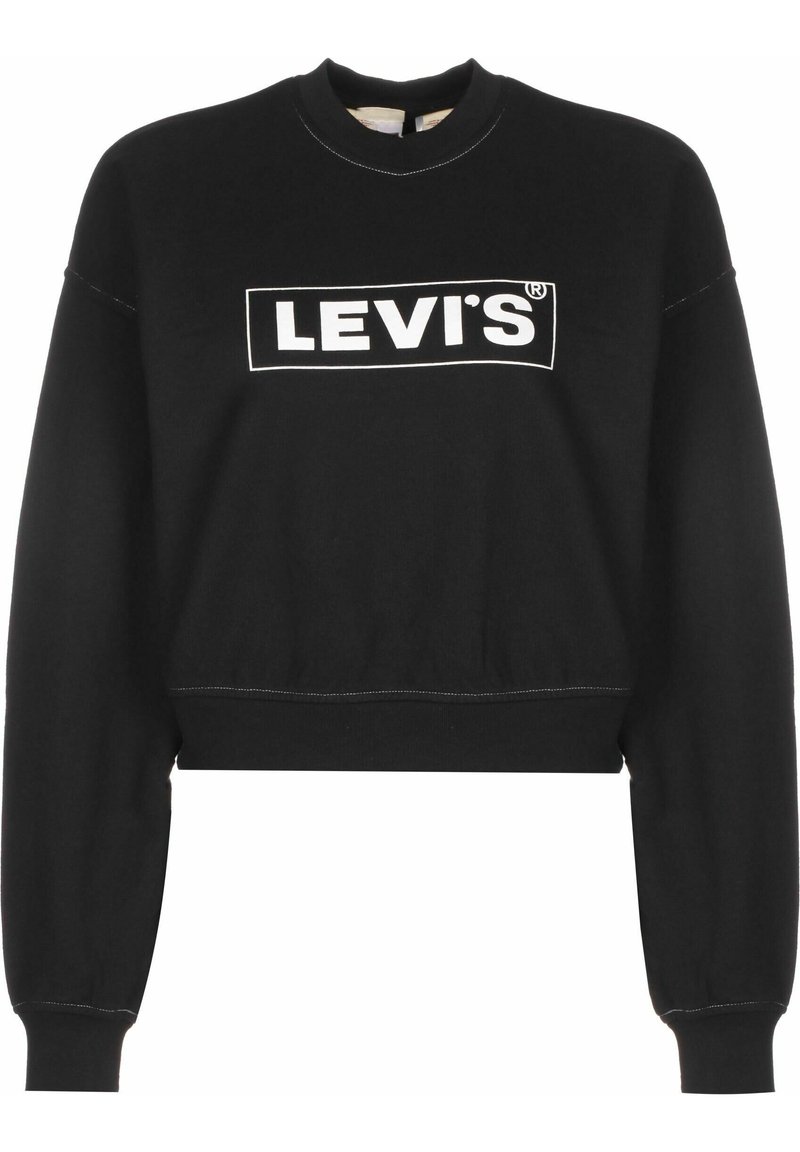 Sudadera corta negra con mangas largas, que presenta un logotipo rectangular blanco impreso en la parte frontal y detalles de costura visibles.