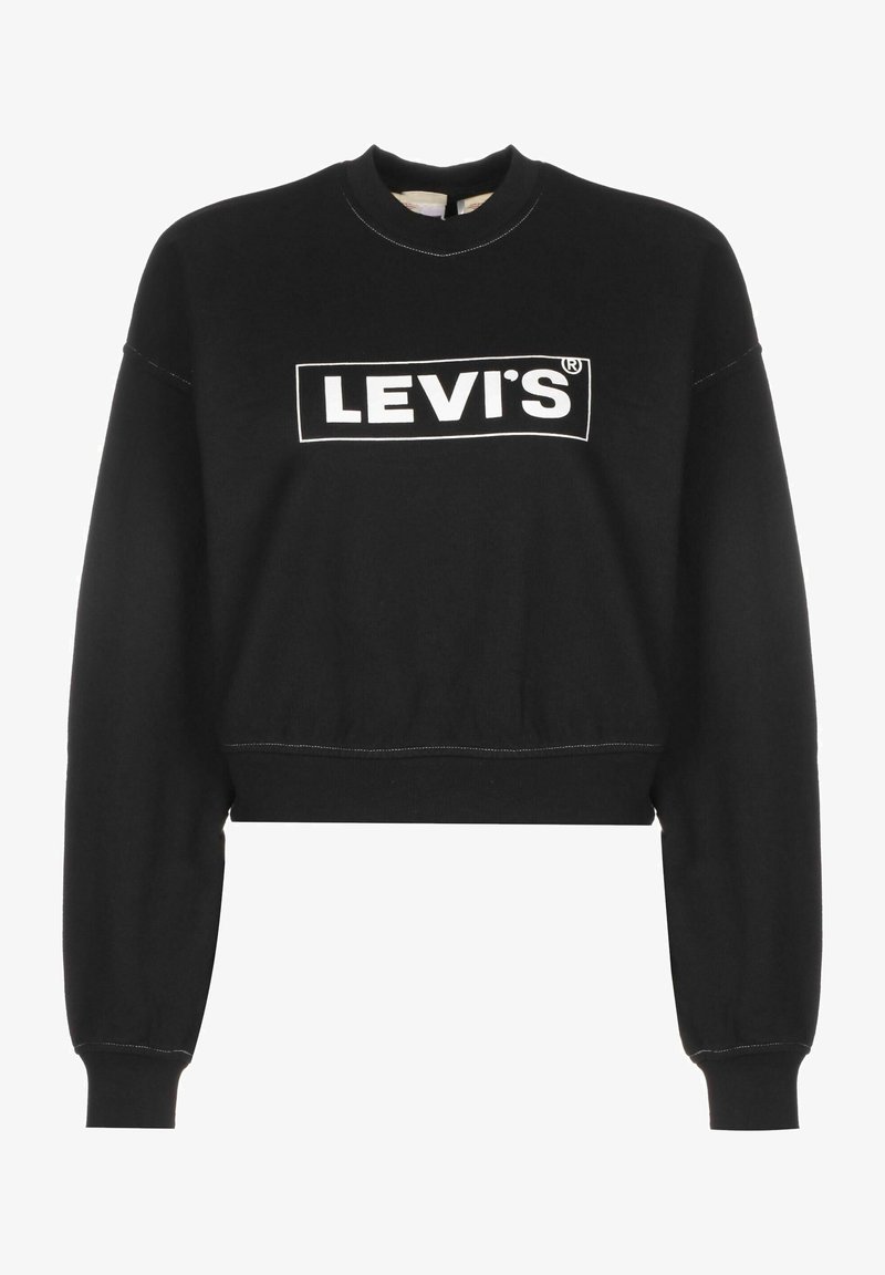 Sudadera corta negra con mangas largas, que presenta un logotipo rectangular blanco impreso en la parte frontal y detalles de costura visibles.