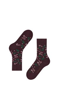 Sötét bordó zoknik cukorpálca és növényi minta díszítéssel, fehér és zöld kiegészítőkkel. Puha, texturált anyagból készültek.