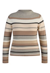 Langärmliger Strickpullover mit horizontalen Streifen in Beigetönen, Braun, Grau, Creme und Schwarz, mit einem hohen runden Halsausschnitt.