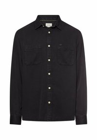 Czarna koszula z długim rękawem wykonana z bawełny, z zapięciem na guziki z przodu, ostrym kołnierzykiem, dwoma kieszeniami na piersi oraz kremowymi guzikami.