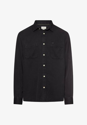 Czarna koszula z długim rękawem wykonana z bawełny, z zapięciem na guziki z przodu, ostrym kołnierzykiem, dwoma kieszeniami na piersi oraz kremowymi guzikami.