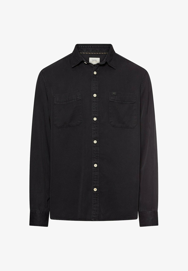 Czarna koszula z długim rękawem wykonana z bawełny, z zapięciem na guziki z przodu, ostrym kołnierzykiem, dwoma kieszeniami na piersi oraz kremowymi guzikami.