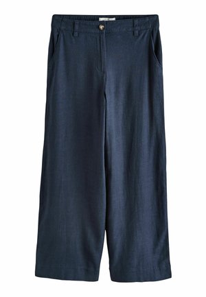 Navy blue wide-leg pants with button closure, belt loops, side pockets, and a smooth waistband.