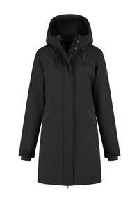 Manteau d'hiver long noir avec capuche, fermeture éclair à l'avant, boutons-pression, cordons de serrage et deux poches latérales, conçu pour les conditions froides.
