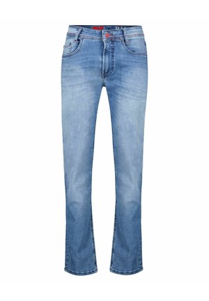 Light blue straight-leg jeans with a faded finish, five pockets, and red stitching details. Made from denim fabric.