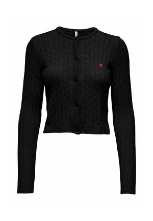 Melna adīta jaka ar kabeli rakstu, apaļu kaklu, garām piedurknēm un pogām. Ar mazu sarkanu sirdi uz krūts.