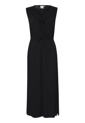 Abito maxi nero senza maniche con scollo a V, corpo con ruches, cintura regolabile in vita e spacchi laterali per facilitare i movimenti. Tessuto morbido.