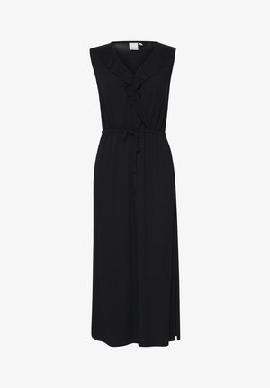 Abito maxi nero senza maniche con scollo a V, corpo con ruches, cintura regolabile in vita e spacchi laterali per facilitare i movimenti. Tessuto morbido.