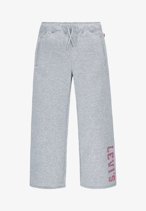 Pantaloni tuta grigi con vita elasticizzata e cordoncino regolabile. Presenta tasche laterali e il logo "LEVI'S" in rosa sulla parte bassa della gamba sinistra.