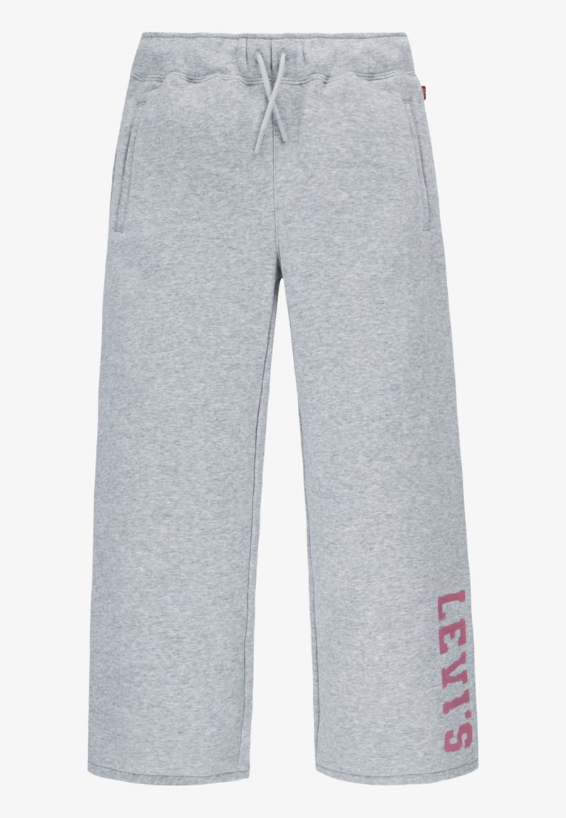 Pelēki sporta bikses ar elastīgu jostasvietu un regulējamu auklu. Iespējām sānu kabatas un rozā krāsas "LEVI'S" logotips apakšējā kreisajā kājā.