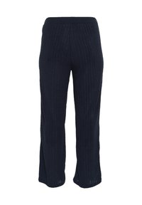 Pantalones de punto acanalado azul marino con cintura elástica, que presentan un corte recto y una textura sutil para añadir detalle.
