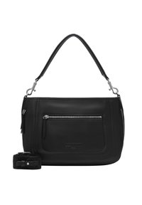 Czarna skórzana torebka o strukturalnym kształcie, z srebrnym zamkiem błyskawicznym na przedniej kieszeni i odczepianym paskiem. Gładka tekstura, minimalistyczny design.