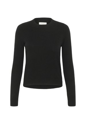 Pulover negru din tricot, cu guler rotund, mâneci lungi și tiv dintr-un material elastic. Textură fină și design ajustat. Simplu și minimalist.