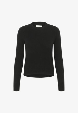 Pulover negru din tricot, cu guler rotund, mâneci lungi și tiv dintr-un material elastic. Textură fină și design ajustat. Simplu și minimalist.