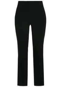 Schwarze Hose aus einem glatten, dehnbaren Stoff. Merkmale sind ein taillierter Bund und ein gerader Beinansatz ohne sichtbare Taschen.