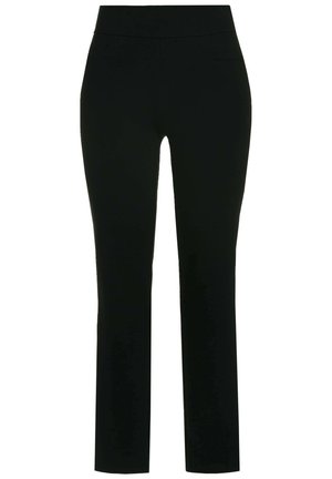 Mustat housut, jotka on valmistettu sileästä, joustavasta kankaasta. Ominaisuuksiin kuuluu istuva vyötärö ja suorat lahkeet, joissa ei ole näkyviä taskuja.