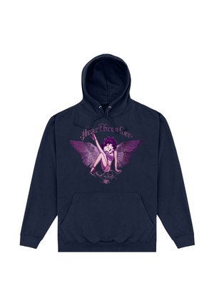 Granatowy hoodie z grafiką siedzącej wróżki z purpurowymi skrzydłami. Napis "łamaczkę serc" w stylizowanej czcionce nad wzorem.