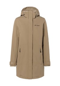 Cappotto lungo beige con cappuccio, chiusura frontale con zip, due tasche con zip, polsini regolabili e logo Vaude sul petto e sulla manica.
