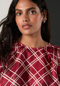 Ung kvinde med langt mørkt hår iført sølvfarvede hoops og en rød- og hvidternet satinbluse foran en mørk og lys baggrund.