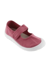 Zapatilla de lienzo rosa con suela de goma blanca, estilo Mary Jane, que cuenta con una amplia correa de Velcro y una textura suave.