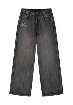 Jeans neri a gamba larga con tasche frontali e testo ricamato bianco "by ED in San Diego" sulla coscia sinistra.
