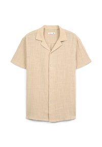 Camicia a maniche corte, con bottoni, in lino beige chiaro. Presenta un colletto a scollatura, una sottile trama e cinque bottoni trasparenti sul davanti.