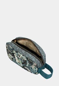 Borsa da toeletta compatta con zip di colore blu scuro, caratterizzata da motivi floreali e accenti chiari. Include una maniglia per un facile trasporto.