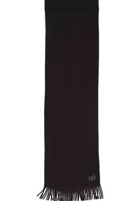 Juodas šalikėlis iš minkštos medžiagos, pasižymintis lygiu paviršiumi, tiesiomis kraštinėmis ir kutais viename gale. Apačioje subtilus logotipas.