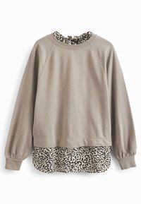 Felpa grigia con maniche lunghe, caratterizzata da un livello in volants con stampa leopardata all'orlo. Materiale in cotone morbido, vestibilità comoda e polsini elastici.