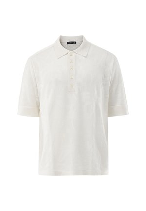 Weißes Poloshirt mit kurzen Ärmeln, dezentem Palmenmuster und fünf Knöpfen auf der Knopfleiste.