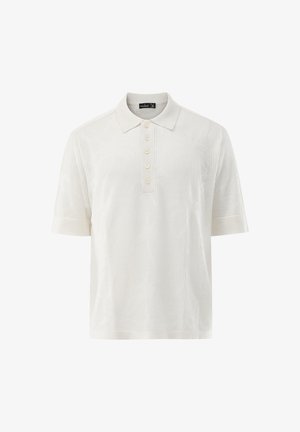 Weißes Poloshirt mit kurzen Ärmeln, dezentem Palmenmuster und fünf Knöpfen auf der Knopfleiste.