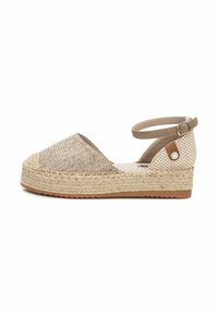 Espadrille tejido beige con tira en el tobillo, que presenta una parte superior de tela texturizada, plataforma envuelta en yute y un acento a rayas en el tacón.