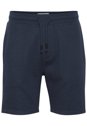 Shorts texturés bleu marine avec une taille élastique, dotés d'un cordon de serrage et de poches latérales pour une coupe décontractée.