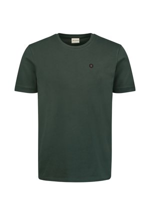 Donkergroen katoenen t-shirt met een ronde hals en korte mouwen. Voorzien van een klein zwart hexagonaal logo op de linkerborst.