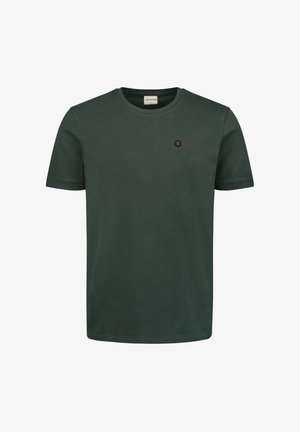 Dunkelgrünes Baumwoll-T-Shirt mit Rundhalsausschnitt und kurzen Ärmeln. Geprägt von einem kleinen, hexagonalen Logo in Schwarz auf der linken Brust.