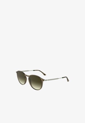 Bruine gradient zonnebril met ronde lenzen, zilveren metalen armen en groene accenten. Heeft een gestructureerd patroon op de arm.