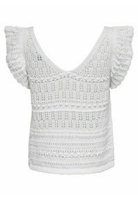 Top de punto blanco con un profundo escote en V, patrones decorativos de tejido abierto y mangas cortas con volantes. Presenta una apariencia texturizada y un acabado suave.
